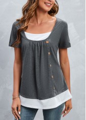 Button Grey Square Neck Short Sleeve T Shirt