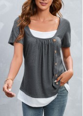 Grey tops,Contrast Color tops,Button Grey Square Neck Short Sleeve T Shirt