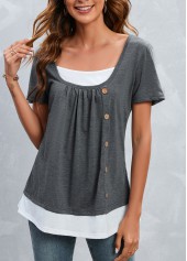 Grey tops,Contrast Color tops,Button Grey Square Neck Short Sleeve T Shirt