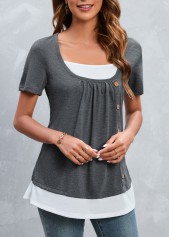 Grey tops,Contrast Color tops,Button Grey Square Neck Short Sleeve T Shirt