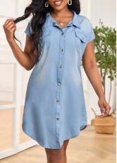 Pocket Light Blue Belted Short H Shape Dress