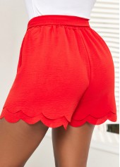 Red bottoms,Plain Color bottoms,Scalloped Hem Red Belted Elastic Waist Shorts