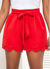 Red bottoms,Plain Color bottoms,Scalloped Hem Red Belted Elastic Waist Shorts