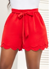 Scalloped Hem Red Belted Elastic Waist Shorts