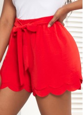Red bottoms,Plain Color bottoms,Scalloped Hem Red Belted Elastic Waist Shorts