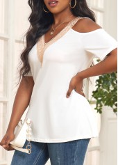 White tops,Contrast Color tops,Cut Out White V Neck T Shirt