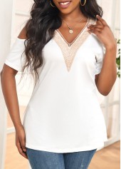 White tops,Contrast Color tops,Cut Out White V Neck T Shirt