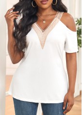 White tops,Contrast Color tops,Cut Out White V Neck T Shirt
