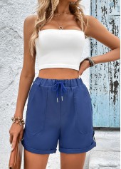 Navy bottoms,Plain Color bottoms,Pocket Navy Drawastring High Waisted Shorts