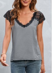 White tops,Black tops,Striped tops,Lace Patchwork Striped White V Neck T Shirt