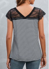 White tops,Black tops,Striped tops,Lace Patchwork Striped White V Neck T Shirt