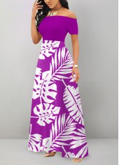 Purple dresses,Plants dresses,ROTITA Patchwork Leaf Print Purple Off Shoulder Maxi Dress