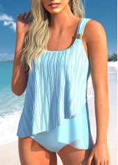 Light Blue swimwear,Plain Color swimwear,ROTITA Cross Hem Jacquard Light Blue Tankini Top