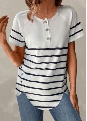 White plus size,Striped plus size,Geometric plus size,Plus Size Button White Striped T Shirt