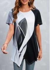 Black tops,White tops,Contrast Color tops,Striped tops,Geometric tops,Split Black Round Neck Short Sleeve T Shirt