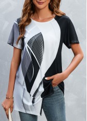 Black tops,White tops,Contrast Color tops,Striped tops,Geometric tops,Split Black Round Neck Short Sleeve T Shirt