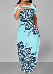 ROTITA Patchwork Tribal Print Blue A Line Dress