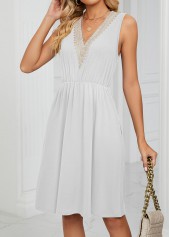 White dresses,Plain Color dresses,Patchwork White Short V Neck Sleeveless Dress