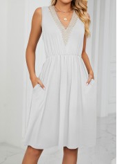 White dresses,Plain Color dresses,Patchwork White Short V Neck Sleeveless Dress