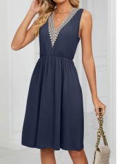 Navy dresses,Plain Color dresses,Patchwork Navy Short V Neck Sleeveless Dress