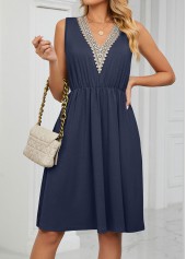 Navy dresses,Plain Color dresses,Patchwork Navy Short V Neck Sleeveless Dress