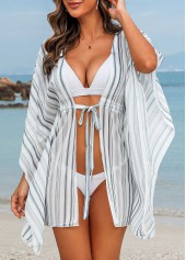 White swimwear,Striped swimwear,Geometric swimwear,Drawstring Half Sleeve White Striped Cover Up