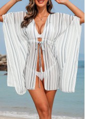 White swimwear,Striped swimwear,Geometric swimwear,Drawstring Half Sleeve White Striped Cover Up