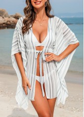 White swimwear,Striped swimwear,Geometric swimwear,Drawstring Half Sleeve White Striped Cover Up