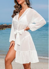 White swimwear,Plain Color swimwear,Bowknot Belted Button White Cover Up