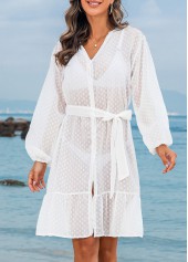 White swimwear,Plain Color swimwear,Bowknot Belted Button White Cover Up