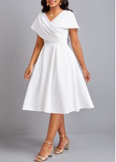 White dresses,Plain Color dresses,Umbrella Hem White V Neck Short Sleeve Dress