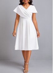 White dresses,Plain Color dresses,Umbrella Hem White V Neck Short Sleeve Dress