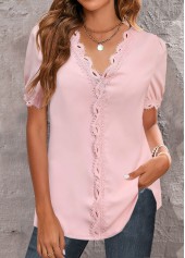 ROTITA Lace Light Pink V Neck Short Sleeve Blouse