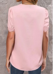 Light Pink tops,Plain Color tops,ROTITA Lace Light Pink V Neck Short Sleeve Blouse
