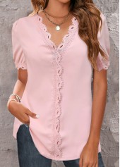 Light Pink tops,Plain Color tops,ROTITA Lace Light Pink V Neck Short Sleeve Blouse