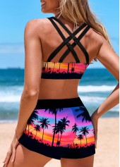 Black swimwear,Graphic swimwear,Plants swimwear,ROTITA Drawstring Black Landscape Print Bikini Top