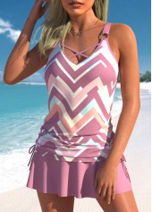 Pink swimwear,Geometric swimwear,Striped swimwear,ROTITA Drawstring Pink Geometric Print Tankini Top