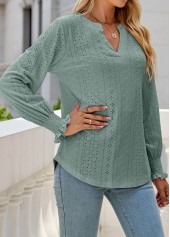 Sage Green tops,Plain Color tops,Breathable Sage Green Split Neck Long Sleeve Blouse