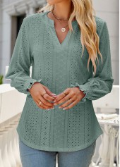 Sage Green tops,Plain Color tops,Breathable Sage Green Split Neck Long Sleeve Blouse