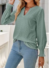 Sage Green tops,Plain Color tops,Breathable Sage Green Split Neck Long Sleeve Blouse