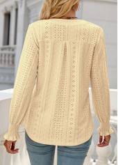 Light Yellow tops,Plain Color tops,Breathable Light Yellow Split Neck Long Sleeve Blouse