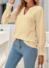 Light Yellow tops,Plain Color tops,Breathable Light Yellow Split Neck Long Sleeve Blouse