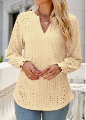 Light Yellow tops,Plain Color tops,Breathable Light Yellow Split Neck Long Sleeve Blouse