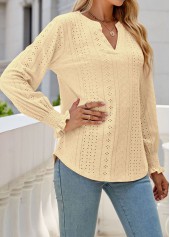 Light Yellow tops,Plain Color tops,Breathable Light Yellow Split Neck Long Sleeve Blouse