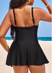 Black swimwear,Plain Color swimwear,ROTITA Ruched Circular Ring Black Swimdress Top