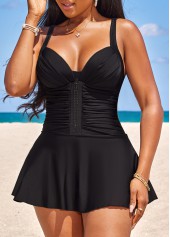 Black swimwear,Plain Color swimwear,ROTITA Ruched Circular Ring Black Swimdress Top
