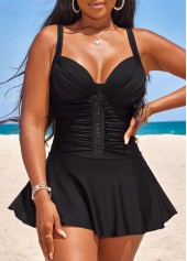 Ruched Circular Ring Black Swimdress Set