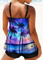 Blue swimwear,Graphic swimwear,ROTITA Circular Ring Blue Landscape Print Tankini Top