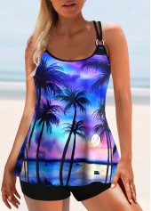 Blue swimwear,Graphic swimwear,ROTITA Circular Ring Blue Landscape Print Tankini Top
