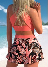 Coral swimwear,Plants swimwear,ROTITA Criss Cross Coral Tropical Plants Print Bikini Top